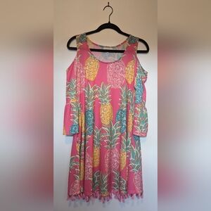 Simply Southern Pineapple Charleston Cold Shoulder Mini Tassel Swing Dress sz S